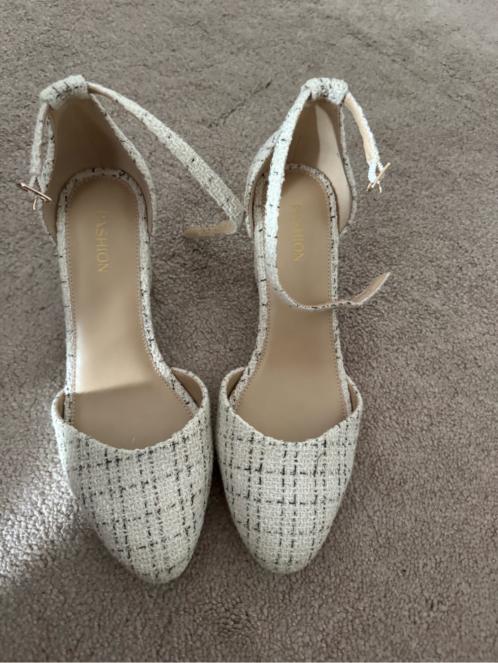Womens Cream Tweed Ankle Strap Pointed-Toe Heels- Pashion Footwear